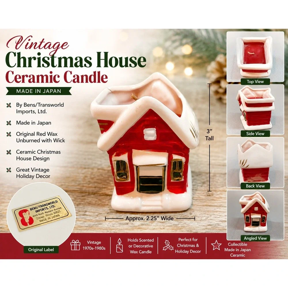 Vintage Bens Transworld Christmas House Ceramic Candle Japan Red White 3in